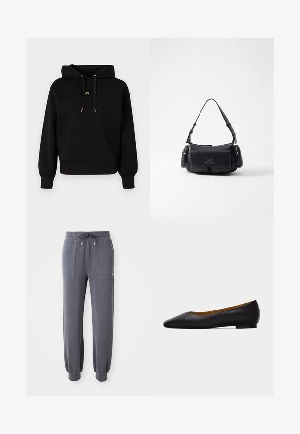 Sudadera negra con capucha hecha de tela suave. Presenta un diseño recortado, puños elásticos y cordones con acentos dorados que llevan un logo.; Pantalones de chándal grises hechos de una tela suave, con cintura elástica y cordón, dos bolsillos delanteros y puños ajustados en los tobillos.; Zapato plano de punta puntiaguda de cuero negro con tacón bajo y acabado liso, mostrado de perfil sobre un fondo gris claro.; Bolso de mano de cuero negro con una sola correa para el hombro, cuenta con un bolsillo con solapa en la parte frontal y compartimentos con cremallera a los lados. Textura suave con detalle del logotipo.