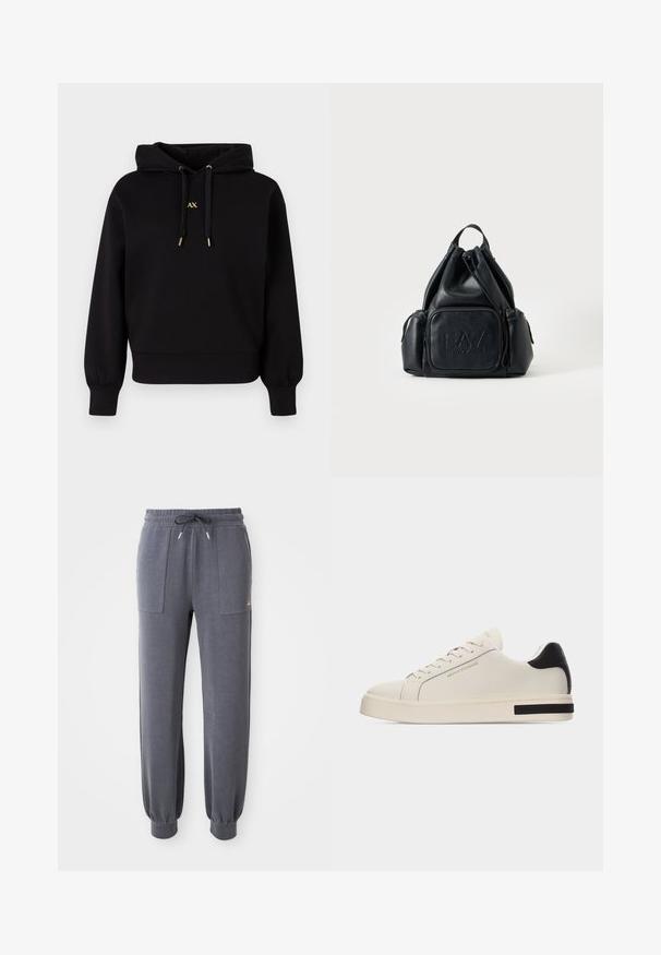 Sudadera negra con capucha hecha de tela suave. Presenta un diseño recortado, puños elásticos y cordones con acentos dorados que llevan un logo.; Pantalones de chándal grises hechos de una tela suave, con cintura elástica y cordón, dos bolsillos delanteros y puños ajustados en los tobillos.; Zapatilla deportiva blanca de corte bajo con suela color crema, cordones beige, lengüeta negra en el talón y la marca "Armani Exchange" en dorado en el lateral y la lengüeta.; Mochila negra de cuero con cordón, con bolsillos delanteros y laterales con cremallera, con el logo "EA7 Emporio Armani" en relieve en el bolsillo delantero.
