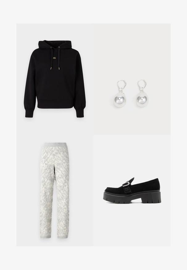 Sort hætte sweatshirt lavet af blødt stof. Har et cropped design, elastiske manchetter og guld accents snore med etlogo.; Strukturerede loungbukser i elfenben med grå mønstre, der har et blødt stof, elastisk talje og ribbede manchetter.; Sort ruskindslipper med kraftig sål, sølvspænde og præget "HUGO" på sidesnoren, vist fra ydersiden.; Sølv dråbeøreringe med glatte, runde, reflekterende overflader hængende fra svingelukkede låse. Baggrunden er helt hvid.