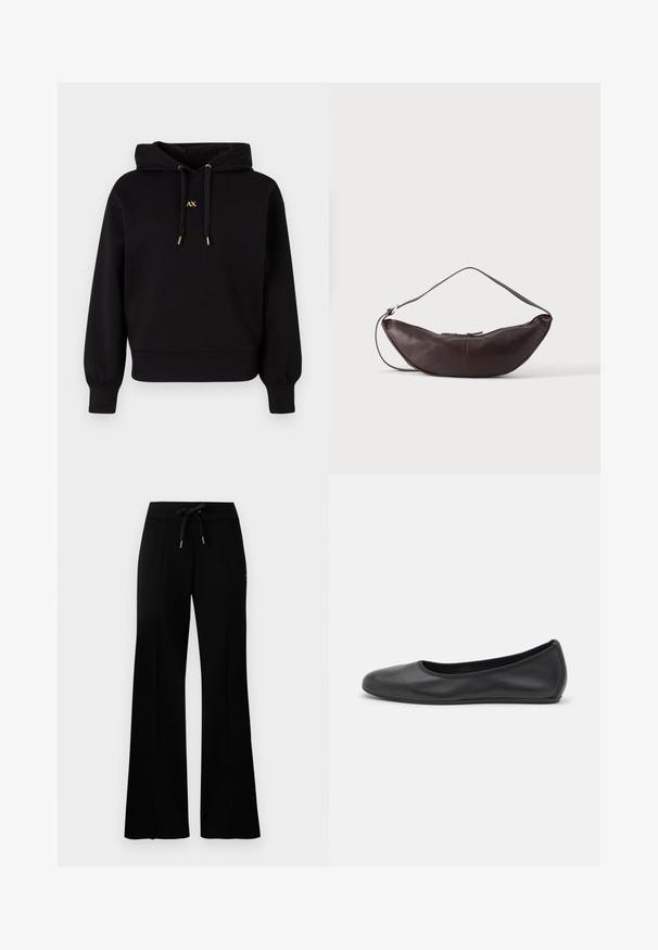Must herne sall, mis on valmistatud pehmest kangast. Omab lühendatud disaini, elastseid mansette ja kuldse aktsendiga tõmblukke koos logoga.; Musthave laiad mustan värvi dressipüksid, millel on reguleeritav vöökoht, külgedel lõhikud, pehme kangas ja elegantne disain.; Musthave mustika tantsutossud mustast nahast, ümmarguse varbaga, siledast tekstuurist, minimaalse õmblusdetailiga ja paindliku tallakujundusega.; Tumepruun nahast poolkuu-kujuline õlakott kõverate rihmade ja nähtavate õmblustega ühevärvilisel taustal.