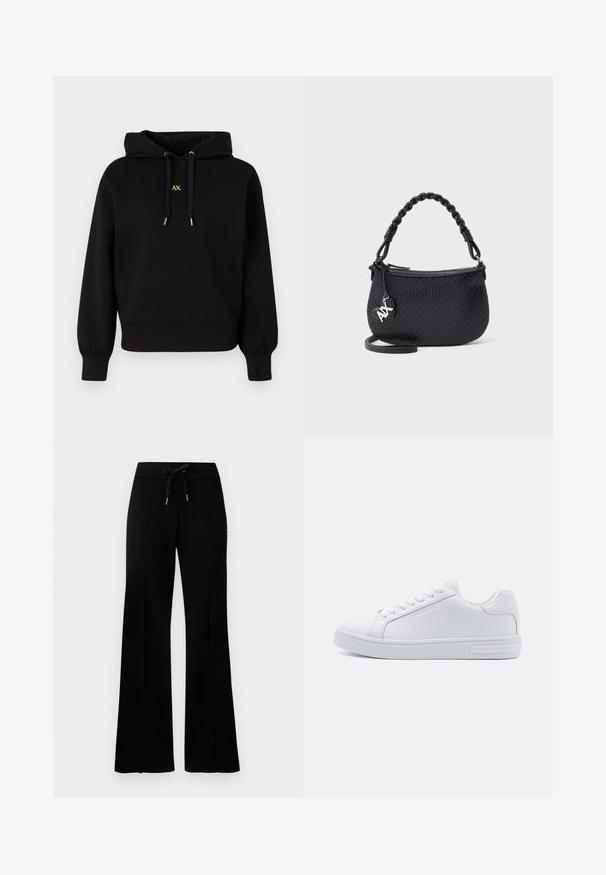 Sudadera negra con capucha hecha de tela suave. Presenta un diseño recortado, puños elásticos y cordones con acentos dorados que llevan un logo.; Pantalones de chándal anchos y negros con cintura elástica y cordón, acentos de abertura lateral, tela suave y un diseño elegante.; Zapatillas bajas de cuero blanco con puntera redonda, suela de goma plana y detalle del logo en el lateral. Presenta seis pares de ojales y acentos texturizados.; Bolso negro texturizado con asa trenzada, cierre de cremallera y colgante de logo plateado sobre un fondo claro y liso.