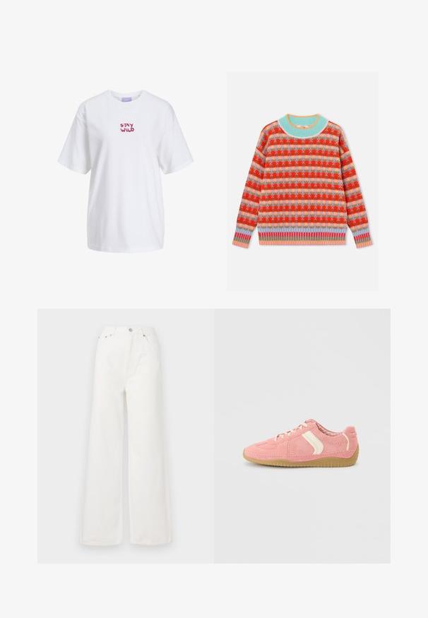 Farverig strikket sweater med rødt, lilla og gult blomsterprint, lyseblå ribbet halsudskæring og stribede, ribbede ærmekanter og kant forneden i pastelfarver.; Hvid kortærmet t-shirt med løs pasform og lilla "STAY WILD" tekst trykt på frontens midte.; Hvide højtaljede brede jeans lavet af denim. Har frontlommer, knaplukning og afrivede kantdetaljer.; Pink ruskindssneaker med hvid sidestribe, inderfor med ternmønster og ydersål i gummigummi, vist i siden på en lys baggrund.