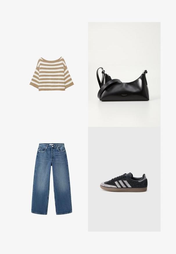 Pull en maille avec des rayures horizontales beige et blanches, manches larges arrivant au coude et encolure ronde large.; Jean en denim bleu à jambes larges avec une finition délavée, doté de cinq poches, d'une fermeture à boutons et à glissière, et d'une coupe droite.; Baskets noires avec des accents argentés étincelants et trois bandes blanches. Comprend un design bas, une tige texturée et une semelle en caoutchouc marron.; Sac à main en cuir noir avec une texture lisse. Dispose d'une bandoulière adjustable et d'un design élégant et minimaliste avec une fermeture éclair.
