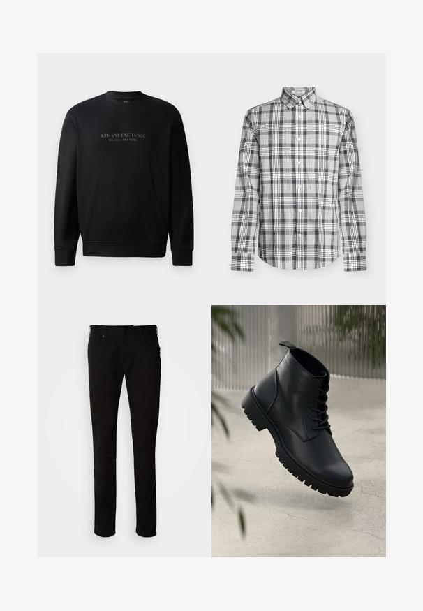 Zwarte crewneck sweatshirt met "ARMANI EXCHANGE MILANO / NEW YORK" in reliëftekst op de voorkant. De stof is glad met ribgebreide manchetten.; Overhemd met lange mouwen met knopen, zwart, grijs en wit ruitpatroon en een klassieke kraag op een effen achtergrond.; Zwarte, rechte broek gemaakt van een katoenmix. Voorzien van zijzakken, riemlussen en een klassieke ritsluiting.; Zwarte leren enkelboots met een ronde neus, vetersluiting en robuuste rubberen zool. Gladde textuur met een bevestigingslus aan de achterkant.