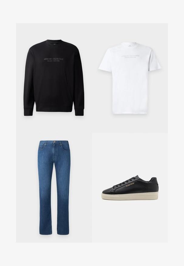 Čierna mikina s okrúhlym výstrihom, na prednej strane s embosovaným textom "ARMANI EXCHANGE MILANO / NEW YORK". Tkanina je hladká s rebrovanými manžetami.; Biela bavlnená tričko s okrúhlym výstrihom, krátkymi rukávmi a embosovaným logom "ARMANI EXCHANGE MILANO/NEW YORK" na prednej strane.; Tmavomodré džínsy s rovnými nohavicami, piatimi vreckami a predným zapínaním na gombík. Hladká textúra a klasické švy.; Čierne kožené tenisky s hladkým povrchom, kontrastnou krémovou podrážkou, zaoblenou špičkou, zlatým logom na boku a šiestimi dierkami na šnúrky.
