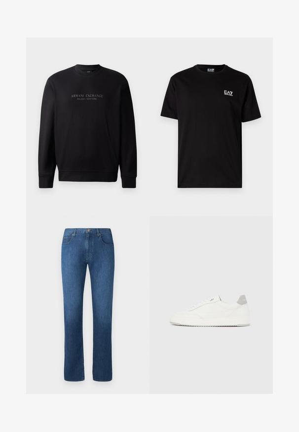 Čierna mikina s okrúhlym výstrihom, na prednej strane s embosovaným textom "ARMANI EXCHANGE MILANO / NEW YORK". Tkanina je hladká s rebrovanými manžetami.; Čierne bavlnené tričko s krátkymi rukávmi, okrúhlym výstrihom a malým bielym logom EA7 na ľavej hrudi. Hladká štruktúra, bežný strih.; Tmavomodré džínsy s rovnými nohavicami, piatimi vreckami a predným zapínaním na gombík. Hladká textúra a klasické švy.; Biela nízka teniska so sivým pätovým pásikom, bielymi šnúrkami a členitou podrážkou, zobrazená na jednoduchom svetlom pozadí.