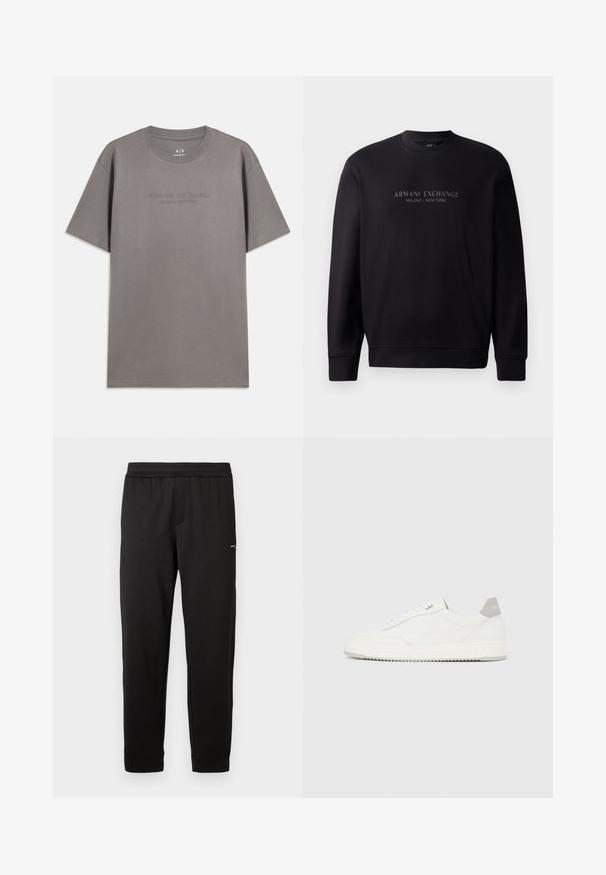 Sweat-shirt noir à col rond avec "ARMANI EXCHANGE MILANO / NEW YORK" en texte en relief sur le devant. Le tissu est lisse avec des poignets côtelés.; T-shirt en coton gris à manches courtes, col rond, avec un texte en relief "ARMANI EXCHANGE MILANO / NEW YORK" sur le devant.; Pantalon de sport noir en tissu doux. Taille élastique et poignets élastiques. Présente un petit logo sur le côté. Coupe droite.; Baskets basses blanches avec un onglet de talon gris, des lacets blancs et une semelle texturée, présentées sur un fond uni clair.