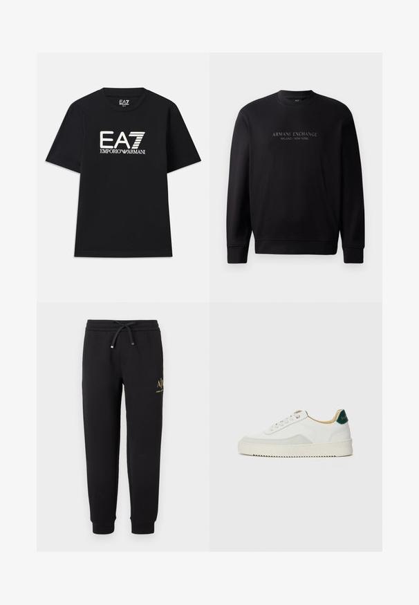 Sorte crewneck sweatshirt med "ARMANI EXCHANGE MILANO / NEW YORK" i prægede bogstaver på fronten. Stoffet er glat med ribbede manchetter.; Sort t-shirt lavet af bomuld, med rund hals og korte ærmer. Broderet logo "EA7 EMPORIO ARMANI" i hvid på fronten.; Sorte joggingbukser med elastisk talje og snøre, manchetter ved anklerne og lille guld "A|X Armani Exchange" logo på højre lår.; Hvide sneakers med ruskindsdetaljer, rund tå, flade snørebånd og en cremet gummisål. Har grøn branding på hælen.