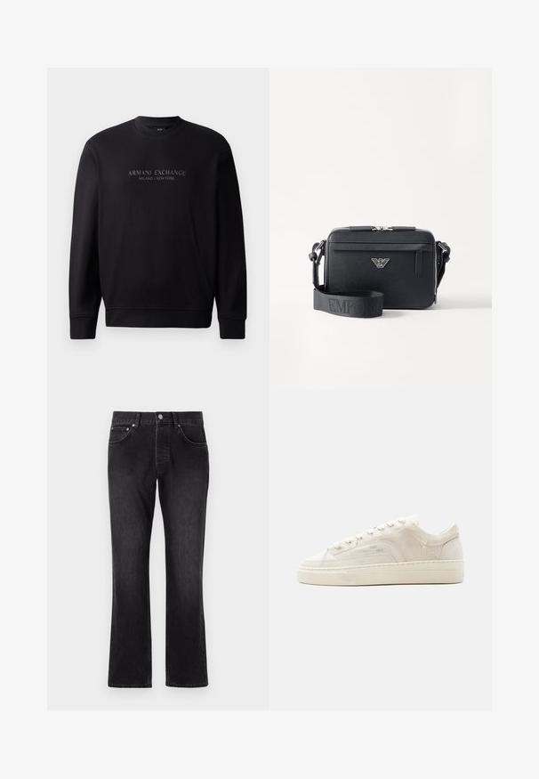 Sweat-shirt noir à col rond avec "ARMANI EXCHANGE MILANO / NEW YORK" en texte en relief sur le devant. Le tissu est lisse avec des poignets côtelés.; Jean en denim noir avec une coupe droite, présentant une taille mi-haute, des poches avant et une fermeture à boutons classique.; Baskets basses blanches avec fermeture à lacets, tige en tissu texturé et semelle épaisse en caoutchouc, vues de côté extérieur sur un fond uni.; Sac bandoulière noir en matériau texturé. Comprend une fermeture zippée, une poche zippée à l'avant et un accent en métal avec logo. Inclut une bandoulière réglable.