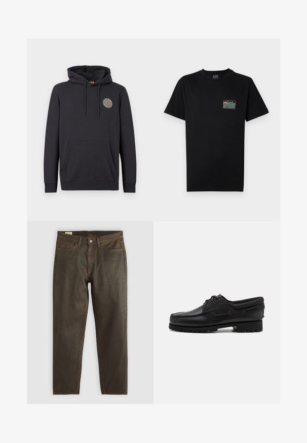 Sort hættetrøje med frontlomme, snore i hætten og lille farverig sol-emblem på venstre bryst mod en ensfarvet baggrund.; Sort T-shirt med korte ærmer med en lille flerfarvet grafik af bjerge og hav samt teksten "BILLABONG Adventure division" på venstre bryst.; Mørkegrønne denim jeans med lige skæring, udstyret med kobberstikninger, et klassisk fem-lomme design og en knap-gylp.; Sort sko med overdel i læder, tekstilaccentuer, runde snørebånd og en tekstureret gummisål. Udstyret med mokkasinsyning og branddetalje.