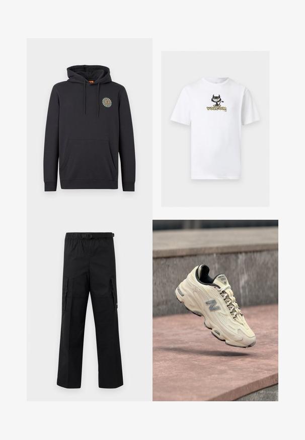 Schwarzer Pullover-Hoodie mit Vorderfach, Kordelzug und kleinem buntem Sonnenemblem auf der linken Brust vor einfarbigem Hintergrund.; Weißes T-Shirt mit kurzen Ärmeln und einer zentrierten Grafik eines schwarzen Cartoon-Teufels auf einem Skateboard über dem Schriftzug „volcom“ in Beige und Schwarz.; Schwarze Cargo-Hosen mit weitem Schnitt, verstellbarem Bund mit Schnalle und zwei Seitentaschen zur Aufbewahrung. Leichtes Material.; Cremefarbener New Balance 1000 Sneaker mit weißen Schnürsenkeln, grauem Logo und schwarzem Innenfutter, in der Luft über einer Steinoberfläche gezeigt.