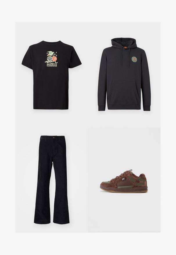 Schwarzer Pullover-Hoodie mit Vorderfach, Kordelzug und kleinem buntem Sonnenemblem auf der linken Brust vor einfarbigem Hintergrund.; Schwarzes Baumwoll-T-Shirt mit einem bunten Grafikdruck, der eine Ananas und Kirschen zeigt. Der Text lautet "Stance Community Run Club." Mit kurzen Ärmeln.; Schwarze, baumwollene Schlaghose mit traditionellem Bund, einem einzelnen vorderen Knopf und Taschen an den Seiten und hinten. Glatte Textur.; Niedrig geschnittene braune und olivgrüne Wildledersneaker mit Schnürverschluss und Gummisohle auf hellem, einfarbigem Hintergrund.
