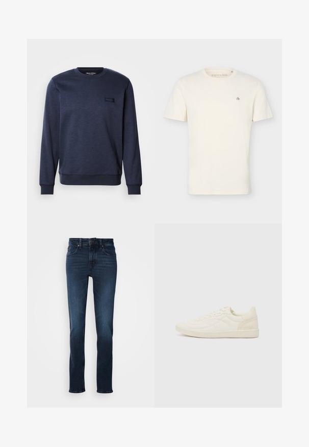 Marineblauwe sweater gemaakt van zachte stof, met een ronde halslijn, geribbelde mouwen en een klein logopatch op de voorkant.; Effen off-white T-shirt met korte mouwen en ronde hals, met een klein "Scotch & Soda" logo op de bovenste linkerborst.; Donkerblauwe spijkerbroek met een rechte pijp, vijfzakkenstijl, knoopsluiting aan de voorkant en subtiele vervaging op de dijen.; ALDO THEPITCH - Sneakers laag - white