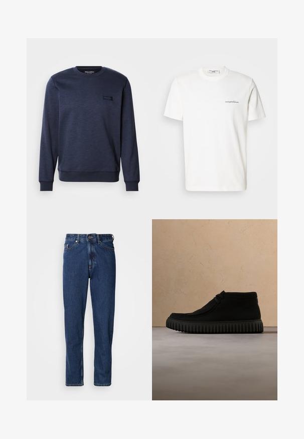 Marineblauwe sweater gemaakt van zachte stof, met een ronde halslijn, geribbelde mouwen en een klein logopatch op de voorkant.; Wit katoenen T-shirt met een ronde hals en korte mouwen. Heeft een klein zwart logo en tekst aan de linkerkant van de borst.; Donkerblauwe spijkerbroek gemaakt van denim, met een rechte pijp, vijfzakkenontwerp en zichtbare stiksels langs de naden.; Zwarte enkelboots van zacht materiaal, met een ronde neus, minimale veters en een gestructureerde rubberen zool met verticale groeven.