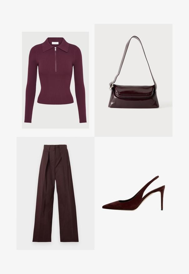 T-shirt en maille côtelée à manches longues de couleur violet foncé, avec un col et une fermeture éclair argentée à l'avant, silhouette ajustée.; Pantalon taille haute marron foncé ajusté avec jambes larges et plis avant, présenté à plat sur un fond clair.; Mule en suede rouge foncé avec un bout pointu et un talon aiguille, vue de côté sur un fond blanc.; Sac à bandoulière en cuir bordeaux foncé avec fermeture à rabat et une fine sangle réglable, présenté sur un fond clair uni.