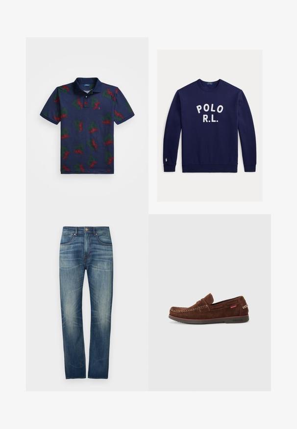 Tumesinine ümmarguse kaelusega dressipluus valge "POLO R.L." tekstiga rinnal ja väikese valge Polo Ralph Laureni logoga vasaku varruka mansetil.; Tumesinine polo särk, millel on kogu pinnal punaste tiibade ja roheliste tähtedega "P" trükk tekstuurilisel kangal. Särk sisaldab klassikalist kraed ja kolme nupuga avamist.; Tumesinised teksapüksid sirge säärega, millel on hele pleekimine, viis taskut ja vöökohal nööp.; Pruun nahast slip-on kingad ümmarguse varbaga, tikandiga ääres ja kummist tallaga. Küljel on väike brändimärgis.