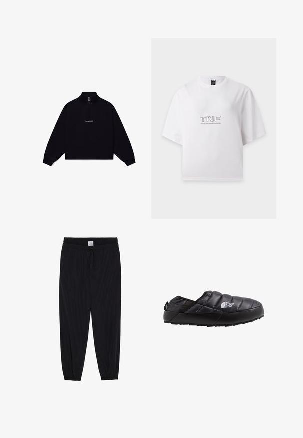 Schwarzer Pullover mit langen Ärmeln, Viertelreißverschluss und hohem Kragen, mit weißem "NAPAPIJRI"-Logo mittig auf der Brust.; Weißes T-Shirt mit kurzen Ärmeln mit "TNF" und "THE NORTH FACE" in Schwarz auf der Brust gedruckt, flach auf weißem Hintergrund dargestellt.; Schwarze, locker sitzende Hose mit elastischem Bund und verstellbarem Kordelzug. Glatte Textur mit schmal zulaufenden Beinen und elastischen Bündchen an den Knöcheln.; Schwarze isolierte Slipperschuh mit gestepptem Obermaterial, Gummisohle und strukturierten Details. Verfügt über eine Zuglasche an der Ferse und Branding an der Seite.