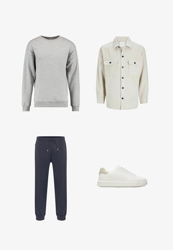 Grå crewneck sweatshirt lavet af blød bomuld. Har lange ærmer, ribbede manchetter og kant, samt et simpelt, udekoreret design.; Beige flannel skjorte med krave, der har to brystlommer, sorte knapper og lange ærmer med knapmanchetter.; Mørkeblå sweatpants med elastisk taljebånd, justerbar snøre, sidelommer og tætsiddende manchetter. Fremstillet af blødt, let materiale.; Hvide sneakers lavet af glat læder med en tekstureret beige hælaccent, med runde snørebånd, et lavt profil design og en gummiydersål.