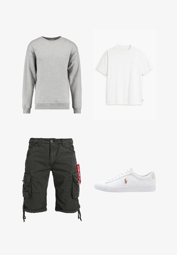 Sudadera gris de cuello redondo hecha de suave algodón. Cuenta con mangas largas, puños y dobladillo acanalados, y un diseño simple y sin adornos.; Camiseta de algodón blanca con mangas cortas, cuello redondo y un sutil logo "Levi's" impreso en color claro en la parte frontal.; Bermudas cargo de color verde oscuro fabricadas con tejido resistente, que cuentan con múltiples bolsillos laterales, un dobladillo con cordón y un acento de etiqueta roja.; Zapatilla de lona blanca con diseño de corte bajo, que cuenta con un taco trasero beige y un pequeño logo bordado en el costado. Suela de goma.
