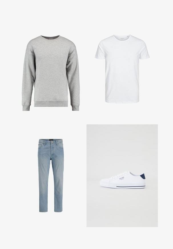 Grau Crewneck-Pullover aus weicher Baumwolle. Verfügt über lange Ärmel, gerippte Bündchen und Saum sowie ein schlichtes, unauffälliges Design.; Rundhals-T-Shirt mit kurzen Ärmeln in reinem Weiß, aus weicher Baumwolle, mit einem schlichten Design ohne sichtbare Muster oder Akzente.; Hellblaue Denim-Jeans mit geradem Schnitt, fünf Taschen, Knopfverschluss und einem leicht ausgewaschenen Finish.; Weiße Canvas-Sneaker mit navyblauem Fersenakzent, flacher Gummisohle, runder Zehenpartie und weißen Schnürsenkeln. Mit Logo an der Seite.