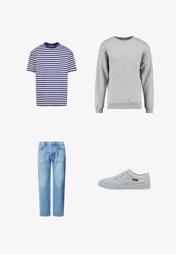 Grau Crewneck-Pullover aus weicher Baumwolle. Verfügt über lange Ärmel, gerippte Bündchen und Saum sowie ein schlichtes, unauffälliges Design.; Kurzärmliges gestreiftes T-Shirt mit navyblauen und weißen horizontalen Streifen, runder Ausschnitt, lockere Passform und weichem Baumwollmaterial.; Helle blaue Denim-Jeans mit geradem Schnitt, fünf Taschen und klassischem Knopf- und Reißverschluss. Dezente, verblichene Textur im gesamten Stoff.; Weißer Canvas-Sneaker mit niedrigem Profil, Schnürdesign, Gummisohle und kleinem roten Logo an der Seite. Glatte Textur, minimalistischer Stil.