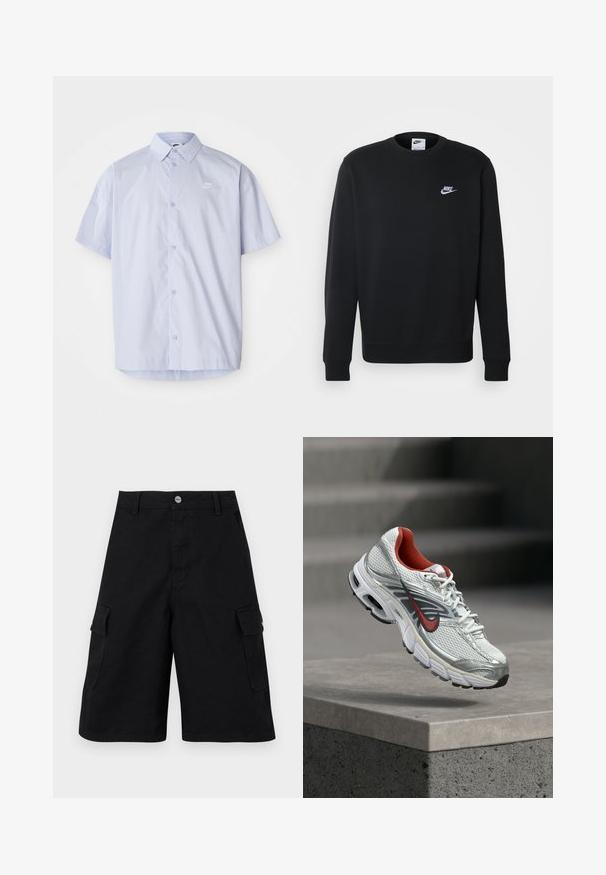 Sudadera negra fabricada en un tejido suave, con escote redondo, mangas largas, puños acanalados y un pequeño logo blanco de Nike en el pecho.; Camisa de manga corta azul claro hecha de una tela suave, con un diseño de botones y un pequeño logo blanco de Nike en el pecho.; Pantalones cortos cargo negros hechos de un tejido duradero. Presentan dos bolsillos laterales, una cremallera y una cinturilla simple con un botón de metal.; Zapatilla de running Nike blanca y plateada con detalles en rojo flotando sobre un saliente de hormigón, mostrando los detalles laterales y de la suela.