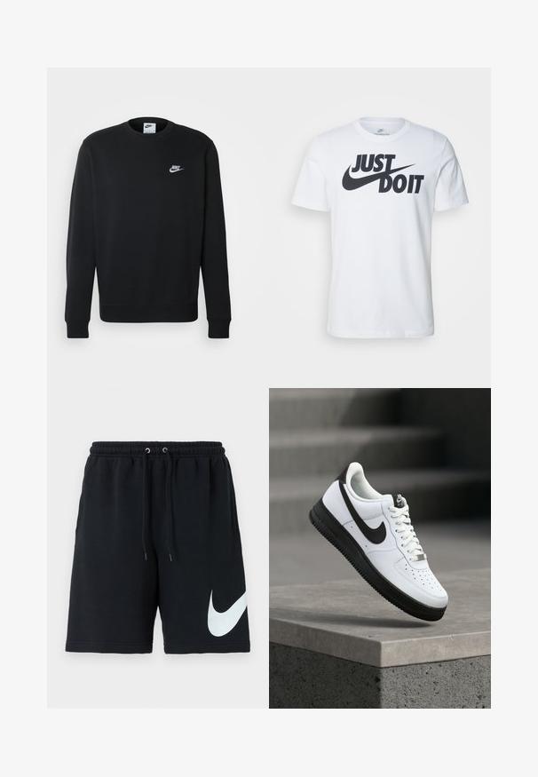 Sudadera negra fabricada en un tejido suave, con escote redondo, mangas largas, puños acanalados y un pequeño logo blanco de Nike en el pecho.; Camiseta de algodón blanca con un prominente logo negro "Just Do It" y el swoosh de Nike. Diseño clásico de cuello redondo con mangas cortas.; Shorts de algodón negros con cinturilla elástica, cordón, bolsillos laterales y un gran logo blanco de Nike impreso en el lado izquierdo.; Zapatilla deportiva de cuero blanco con detalles en negro, punta redondeada y detalles perforados. Suela de goma negra con patrón texturizado y cierre de cordones.
