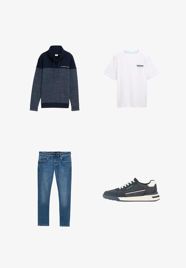 Mørkeblå sweatshirt med funnel neck, ribbet tekstur og et stribet design. Inkluderer snoretræk og #OFFTRACK TOM TAILOR branding.; Hvid bomulds t-shirt med korte ærmer, med en lomme med en blå og hvid label. Glat tekstur og afslappet pasform.; Blå denim jeans med lige ben, fem-lomme design, subtil vask på lårene, og en waistband label der angiver størrelse 31/32.; Herre navyblå og hvide sneakers med hvide snørebånd, perforeret tå, stripet sidedetalje og mærket accent på sidepanelet.