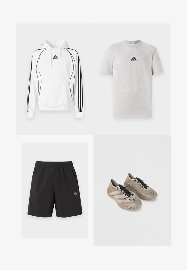 Sweatshirt à capuche blanc avec des accents noirs et trois bandes le long des manches. Comprend une poche kangourou et un logo sur la poitrine.; T-shirt en coton gris à manches courtes, col rond, avec un petit logo noir à trois bandes sur le haut à gauche de la poitrine.; Short de sport noir à taille élastique avec poches latérales et petit logo Adidas sur la jambe gauche.; Paire de chaussures de sport beige avec lacets noirs, présentant un motif rayé texturé et trois bandes latérales sur un fond uni.