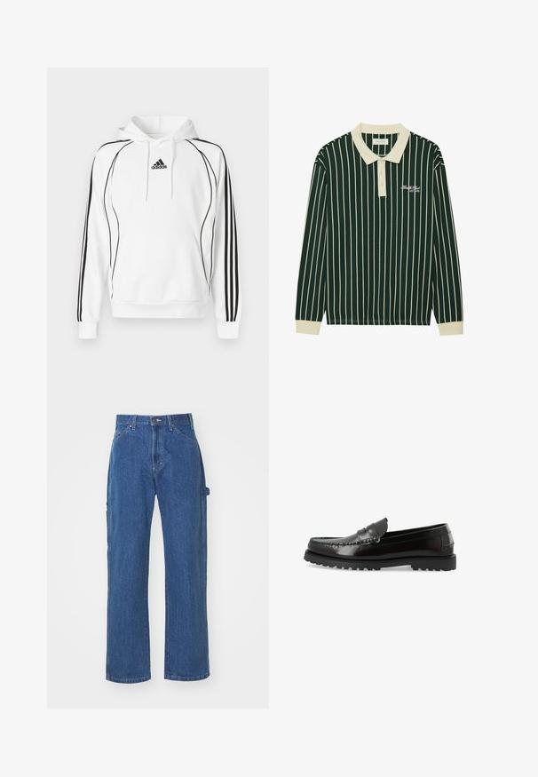 Sweatshirt à capuche blanc avec des accents noirs et trois bandes le long des manches. Comprend une poche kangourou et un logo sur la poitrine.; Polo à manches longues vert foncé avec des rayures verticales blanches. Équipé d'un col beige, d'une patte de boutonnage à trois boutons et d'un logo brodé.; Jeans en denim bleu avec une coupe décontractée et une jambe droite, comprenant des poches avant et arrière et une fermeture à bouton à la taille.; Chaussure mocassin en cuir noir à enfiler, avec une semelle en caoutchouc rainurée et une couture classique moc toe, vue de côté.