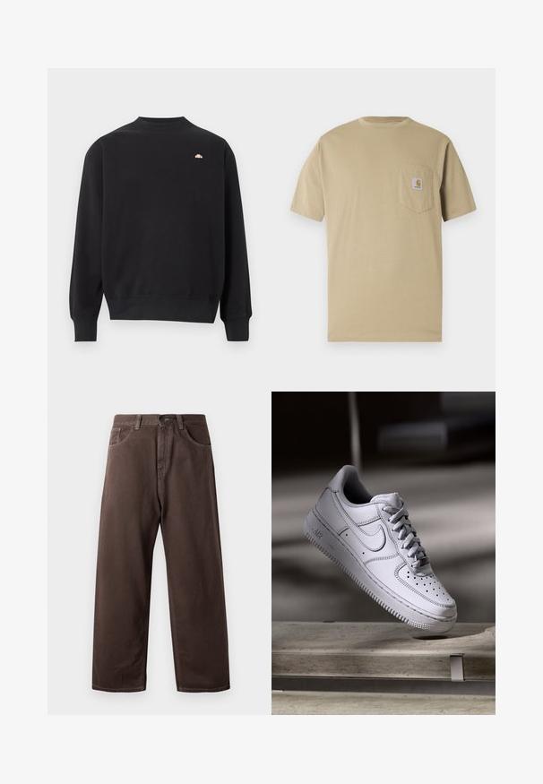Sweat-shirt noir à manches longues avec col rond, poignets et ourlet côtelés, arborant un petit logo pêche sur le haut de la poitrine à gauche.; T-shirt beige à manches courtes en coton, doté d'une poche poitrine gauche avec un écusson logo. Col rond classique avec une coupe régulière.; Pantalons larges marron en coton, avec un design classique à cinq poches, une fermeture éclair et des détails de couture visibles.; La basket Nike Air Force 1 en cuir blanc présente un embout perforé, des lacets plats et une semelle en caoutchouc texturée avec le logo « AIR » sur le côté.