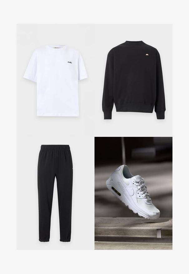 Sweat-shirt noir à manches longues avec col rond, poignets et ourlet côtelés, arborant un petit logo pêche sur le haut de la poitrine à gauche.; T-shirt blanc à manches courtes avec col rond, petit logo ellesse noir sur le côté gauche de la poitrine, sur un fond uni.; Pantalon de jogging à taille élastique noire avec poignets élastiques, coupe droite, sans ornements visibles, présenté sur un fond clair.; Sneaker Nike Air Max 90 blanche avec une tige en mesh et cuir, une boîte à orteils perforée et une unité air visible au talon.