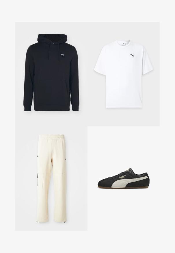 Sudadera negra de mezcla de algodón, con bolsillo frontal, capucha con cordones y pequeño logo blanco en el pecho. Textura suave.; Camiseta blanca de manga corta con cuello redondo y un pequeño logo negro de Puma en el pecho izquierdo sobre un fondo claro.; Pantalones de chándal de color beige claro, hechos de un tejido suave. Presentan un logo negro, bolsillos laterales con cremalleras y un corte relajado.; Zapatilla Puma de perfil bajo en negro con franja lateral beige, cordones negros y suela de goma, mostrando el lado exterior izquierdo con la marca "Puma Tackle".