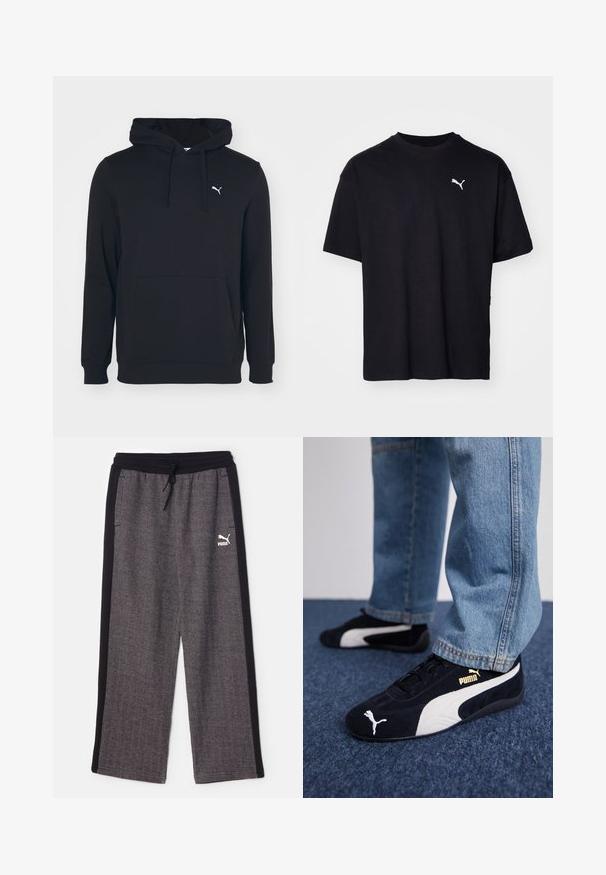 Zwarte hoodie van een katoenmix, met een voorzak, trekkoord in de capuchon en een klein wit logo op de borst. Soepele textuur.; Zwarte katoenen t-shirt met korte mouwen, ronde halslijn en een wit Puma-logo op de bovenste linkerborst. Klassieke pasvorm, soepele textuur.; Puma RELAXED TRACK PANTS - Trainingsbroek - black/alpine snow; Zwarte suède sneakers met witte accenten, voorzien van een gouden logo. Gemaakt met lichtblauwe spijkerbroek en geplaatst op een textuur blauwe ondergrond.