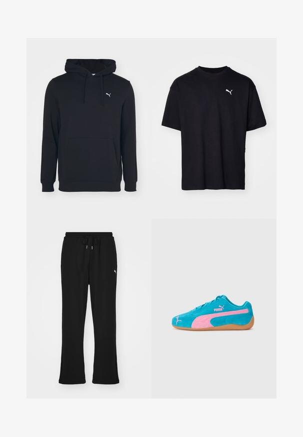 Zwarte hoodie van een katoenmix, met een voorzak, trekkoord in de capuchon en een klein wit logo op de borst. Soepele textuur.; Zwarte katoenen t-shirt met korte mouwen, ronde halslijn en een wit Puma-logo op de bovenste linkerborst. Klassieke pasvorm, soepele textuur.; Zwarte sweatpants met elastische tailleband en trekkoord, voorzien van zijzakken en een subtiele logo op het linkerpand. Zacht materiaal, uitlopende pasvorm.; Suede sneakers in helderblauw met roze accenten en een gumrubberen zool. Beschikt over een vetersluiting en geborduurd logo detail.