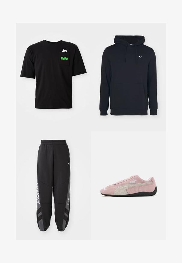 Sort hættetrøje lavet af en bomuldsblanding, med en lomme foran, snøre i hætten og et lille hvidt logo på brystet. Glat tekstur.; Sort bomulds T-shirt med korte ærmer, med en lomme med et katte-grafik og grøn "PUMA" tekst. Casual pasform og glat tekstur.; Sorte joggebukser lavet af blødt materiale. Har elastisk talje, tapered ben, grå detaljer og hvide logoer på siderne.; Lyserøde ruskinds sneakers med grå detaljer, strømlinet design, tekstureret overdel og sort gummisål. Har Puma-logo på siden.