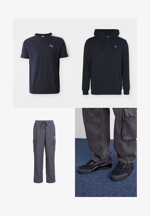 Sort hættetrøje lavet af en bomuldsblanding, med en lomme foran, snøre i hætten og et lille hvidt logo på brystet. Glat tekstur.; Mørkeblå kortærmet t-shirt i letvægtsbomuld med hvide raglanærmer og et lille hvidt Puma-logo på brystet.; Mørkegrå løstsiddende cargobukser med elastisk taljebånd, snøre og klaplommer på siderne, med Puma-logo på højre lår.; Sorte sportsko med en struktureret overflade, glatte detaljer og en kraftig sål, der er parret med mørke, løstsiddende cargo-bukser.