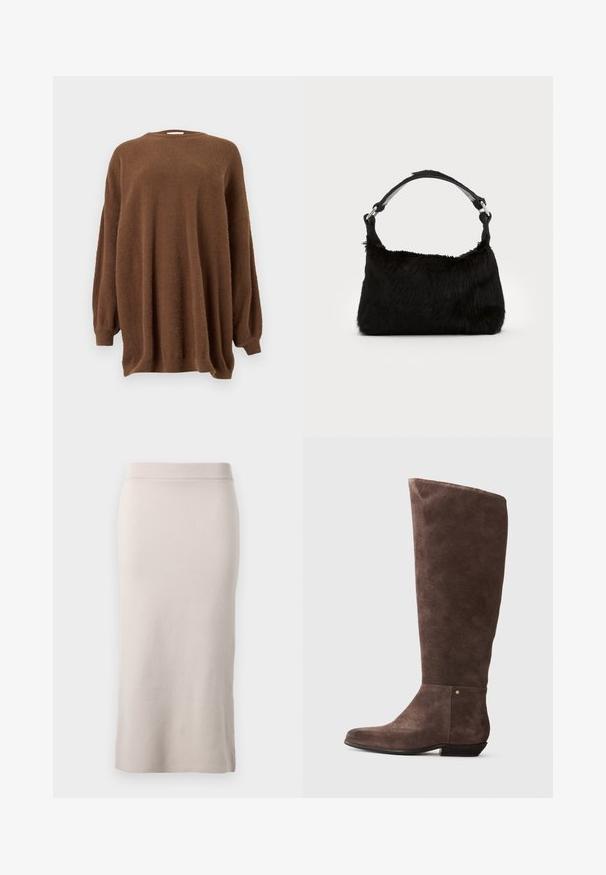 Pull marron à manches longues surdimensionné avec col rond et poignets côtelés, présenté sur un fond gris clair uni.; Jupe crayon en tricot de couleur beige clair, avec une taille côtelée, coupe ajustée et fente latérale pour faciliter le mouvement. Texture douce, design minimal.; Botte en daim marron, montante jusqu'au genou, avec un léger bout effilé, un talon bas, une texture lisse et une accent doré près de la cheville.; Sac à main en fausse fourrure noire avec une texture douce, une forme arrondie et une bandoulière en cuir noir robuste. Accent en métal argenté visible.