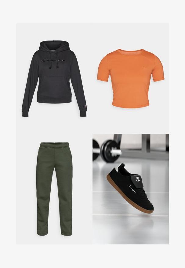 Zwarte pullover hoodie gemaakt van zachte stof, met een kangaroozak aan de voorkant, verstelbare trekkoorden en een geborduurd "Champion" logo.; Korte mouwen, crop oranje T-shirt van gladde stof. Heeft een ronde hals en een klein logo op de linker voorkant.; Donkergroene sweatpants gemaakt van zachte stof, met een elastische tailleband en een klein logo-accent aan de zijkant.; Zwartbruine Champion-sneaker zwevend in de lucht in een sportschoolomgeving met een wazige halter op de achtergrond.