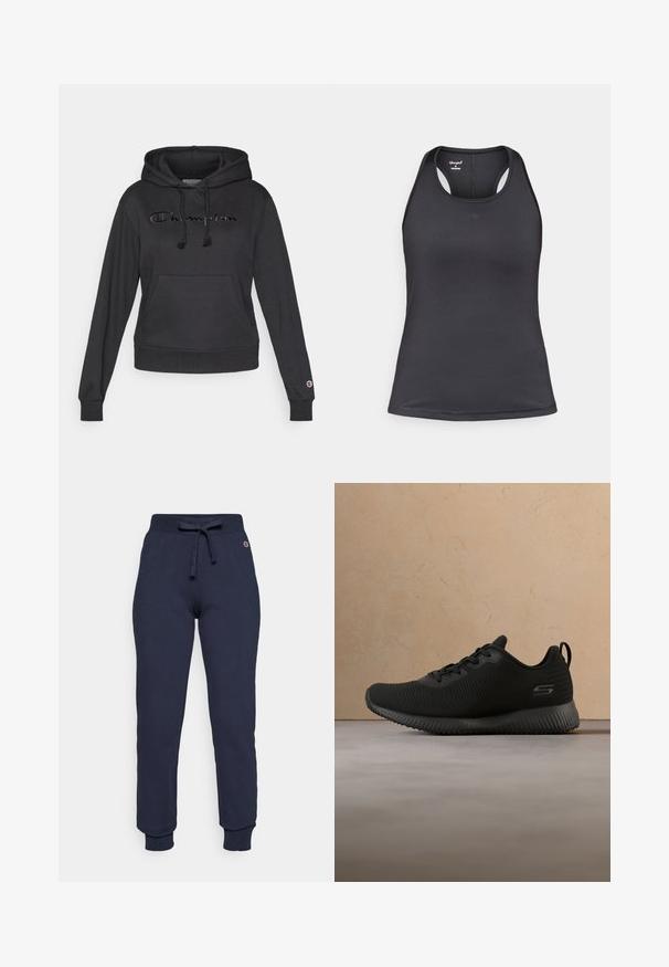 Sort pullover-hoodie lavet af blødt stof, med en forlommekangaroo, justerbare snore og broderet "Champion"-logo.; Sort atletik tanktop med racerback-design, lavet af glat, strækbart stof med få sømme og logo på forsiden.; Mørkeblå sweatpants lavet af en bomulds-blanding, med snor i taljen, ribbede manchetter og et lille logo på hoften.; Sorte sportsko med tekstureret overdel, rund tå og snørebånd. Har en polstret sål og en løkke i hælen for nem påtagning.