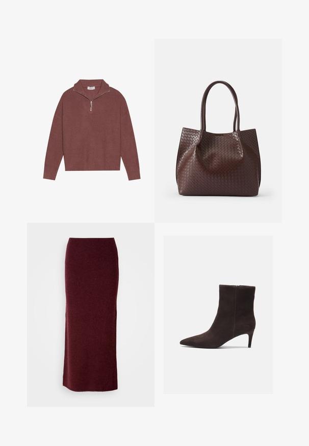 Ribbet, bordeaux farvet pullover sweater med høj krave, 1/4 lynlås lukning og brede ærmer. Blød tekstur med en afslappet pasform.; Bordeaux uld maxi nederdel med en tætsiddende silhuet, glat tekstur og lige kant. Ingen synlige lukninger eller udsmykninger.; Brune ruskinds ankelstøvler med spids tå og 3-tommers hæl, der har en glat tekstur og et minimalistisk design. Lynlåslukning bagpå.; Brun vævet læder tote taske med to håndtag, der har en tekstureret overflade og et åbent topdesign. Minimalistisk form uden yderligere hardware.