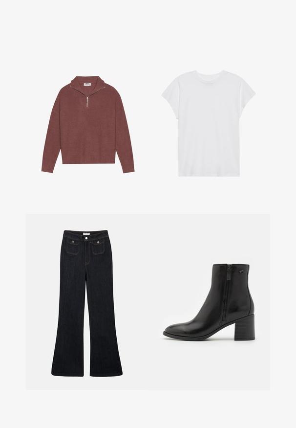 Pull à col montant en bordeaux avec des côtes, fermeture éclair 1/4 et manches larges. Texture douce avec une coupe décontractée.; T-shirt blanc à manches courtes, col rond, coupe décontractée, en tissu de coton doux. Texture lisse, sans motifs ni logos.; Jeans en denim foncé évasés avec une taille haute, deux poches avant et des coutures orange. Le matériau semble robuste et lisse.; Bottines noires en cuir lisse avec une fermeture éclair sur le côté. Présentent un bout pointu et un talon bloc texturé pour plus de stabilité.