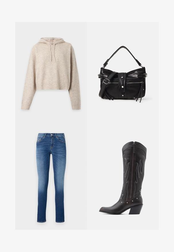 Béžová pletená krátka mikina s kapucňou, s dlhými rukávmi a šnúrkami, zobrazená na jednoduchom svetlom pozadí.; Modré džíny z denimu so slim fit strihom, stredne vysokým pásom, piatimi vreckami a svetlým vyblednutím od stehna po lem.; Hnedé kožené kovbojské čižmy s výšivkou v tvare plameňov, bočným zipsom, striebornými nitmi, špicatou špičkou a vystuženým opätkom.; Even&Odd H24462 - Kabelka - black
