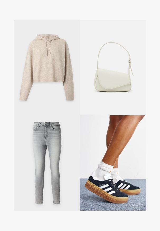 Beige strikket cropped hættetrøje med lange ærmer og snore, vist på en ensfarvet lys baggrund.; Grå denim skinny jeans med en glat tekstur, fem-lomme design og en knap- og lynlås lukning i taljen. Fadet finish overalt.; Ben iført hvide sokker og sorte Adidas Gazelle sneakers med hvide striber og tykke brune såler på et gråt tæppe.; Hvid taske i faux læder med en struktureret trekantet form, enkelt justerbart skulderstrop og en flaplås med kurver.