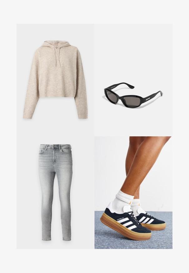 Beige strikket cropped hættetrøje med lange ærmer og snore, vist på en ensfarvet lys baggrund.; Grå denim skinny jeans med en glat tekstur, fem-lomme design og en knap- og lynlås lukning i taljen. Fadet finish overalt.; Ben iført hvide sokker og sorte Adidas Gazelle sneakers med hvide striber og tykke brune såler på et gråt tæppe.; Sorte solbriller med rektangulært stel, mørke linser, glat plastmateriale og en metalaccent på templet.