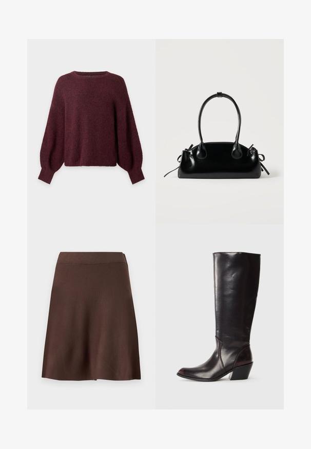 Mørk burgundy langærmet sweater med rund halsudskæring og let puffede ærmer, vist på en ensfarvet hvid baggrund.; Brun A-formet nederdel med elastisk talje, glat strik tekstur og let svaj i kanten mod en ensfarvet lys baggrund.; Knæhøj, mørkebrun læderstøvle med spids tå, vinkelret blokhæl og en glat, blank overflade. Har et enkelt design og syningsdetaljer.; Lille sort blank håndtaske med to lange håndtag og snøre-detaljer i siden på en ensfarvet lys baggrund.