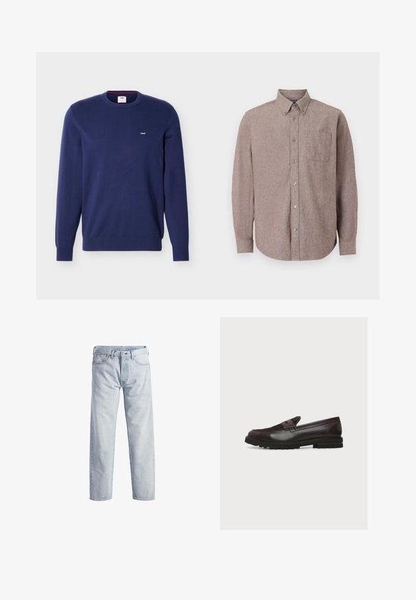 Tumesinine Levi's lahtine kampsun pikkade varrukatega ja väike valge Levi'si logo vasakul rinnal.; Pikend varrukatega nööbitav särk tuhm roosa värviga, millel on nööbita kaelus ja üks rinna tasku, paigutatud valgele taustale.; Heledad sinised teksad sirge sääre disainiga, nupuga lend, viis taskut ja peene fadestruktuuriga. Omab metallist aksessuaare.; Tumesinine nahast loafer tekstuuriga ülemise paneeli ja paksu musta kummist tallaga ühevärvilisel heledal taustal.