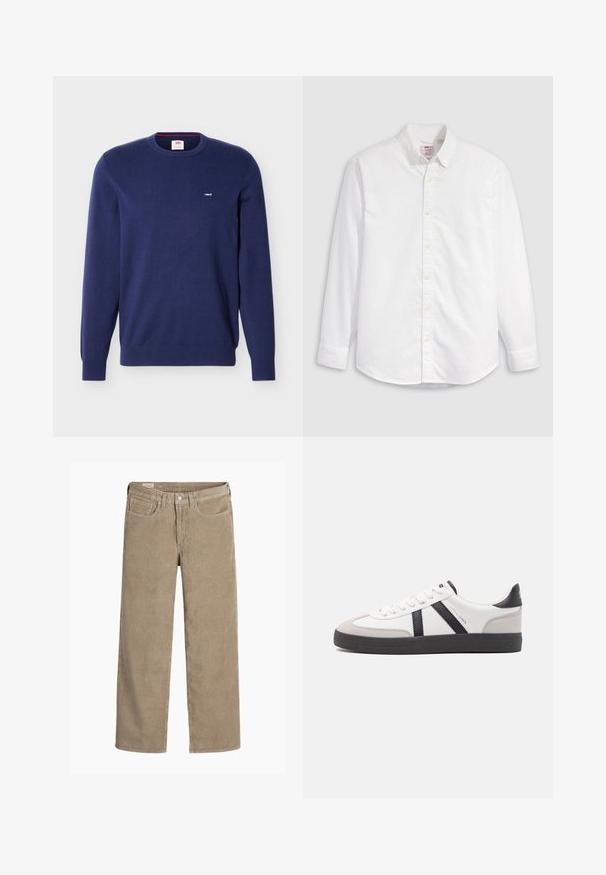 Navyblå Levi's crewneck-trøje med lange ærmer og lille hvidt Levi's-logo på venstre bryst.; Hvid skjorte med knapper, lavet af bomuld, med lange ærmer, krave og en buet kant. Har gule knapper og diskret branding.; Lysebrune fløjlsbukser i bred ben-design, med knap- og lynlåslukning, fem lommer og en blød, ribbet tekstur.; Hvide sneakers med sorte og grå detaljer, med en tekstureret grå tåhætte, sort gummisål og flade hvide snørebånd. Rent design, minimalistisk stil.