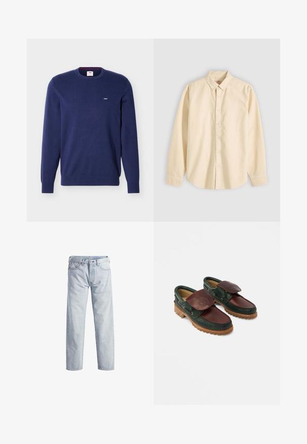 Tumesinine Levi's lahtine kampsun pikkade varrukatega ja väike valge Levi'si logo vasakul rinnal.; Beezh pikkade varrukatega nööpidega särgi kraega, laotatud tasapinnale, nööbid kinnitatud ja varrukad kinnitatud heledal taustal.; Heledad sinised teksad sirge sääre disainiga, nupuga lend, viis taskut ja peene fadestruktuuriga. Omab metallist aksessuaare.; Nahast kingad, millel on tume roheline kere ja burgundiapunane ülemine osa, ümar ninaosa, kinnitatud klapp ning soontega tekstureeritud kummist tald.