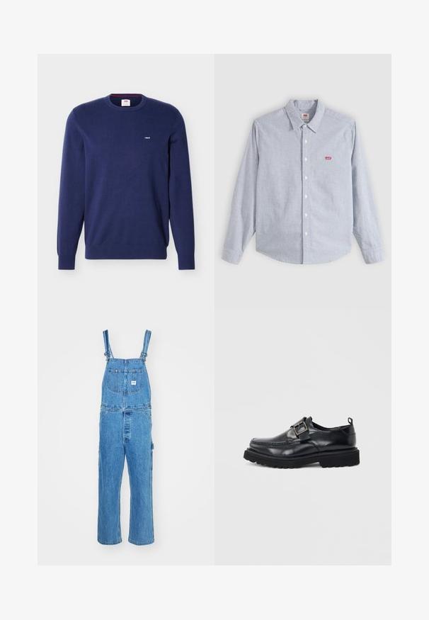 Marineblauer Levi's Pullover mit Rundhalsausschnitt, langen Ärmeln und kleinem weißem Levi's Logo auf der linken Brust.; Langärmeliges, hellblau-weiß gestreiftes Hemd mit Knopfleiste, Kragen und kleinem rotem Levi's-Logo auf der linken Brust.; Denim-Overalls mit verstellbaren Trägern, weitem Bein und einer Vordertasche mit Etikett. Hellblaue Farbe mit strukturierter Oberfläche.; Schwarzer Leder-Slipper mit klobiger Sohle und silbernem Schnallenriemen an der Seite vor weißem Hintergrund.